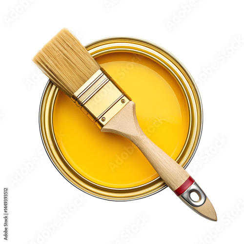 Yellow Paint Can with Brush and Wooden Handle – Vibrant DIY Painting Supplies Isolated on Transparent Background