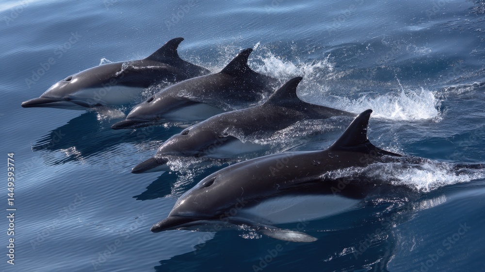 Fototapeta premium Pod of Common Dolphins Surfacing in Blue Ocean