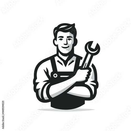 Simple Repairman Logo, Line Art Style, Holding a Wrench, Worker Vector Illustration