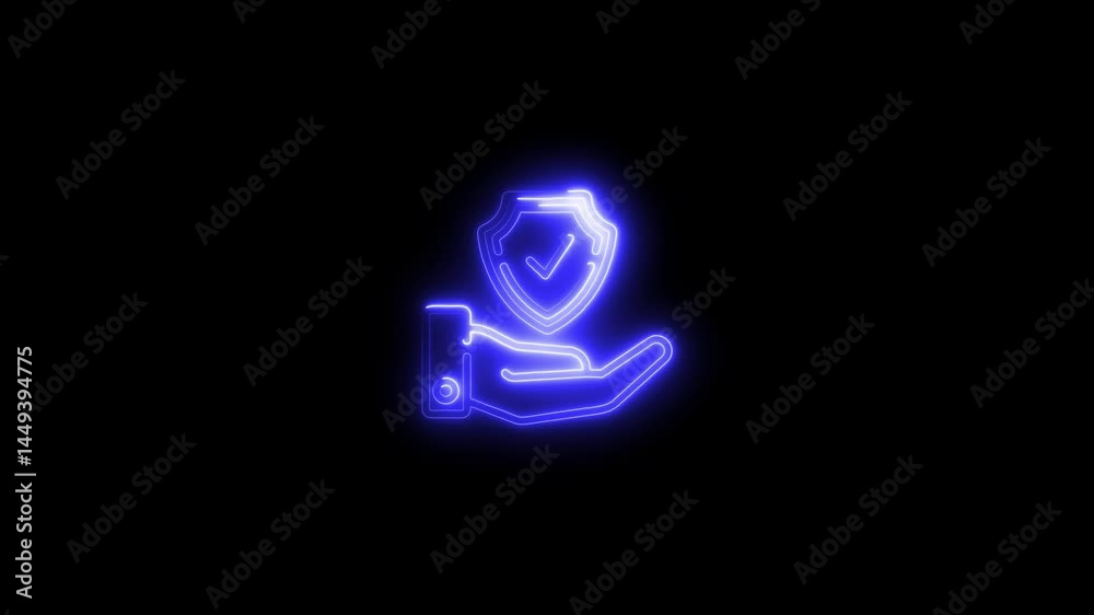 Animated neon hand holding shield with checkmark indicating security Animated neon hand holding shield with checkmark indicating security