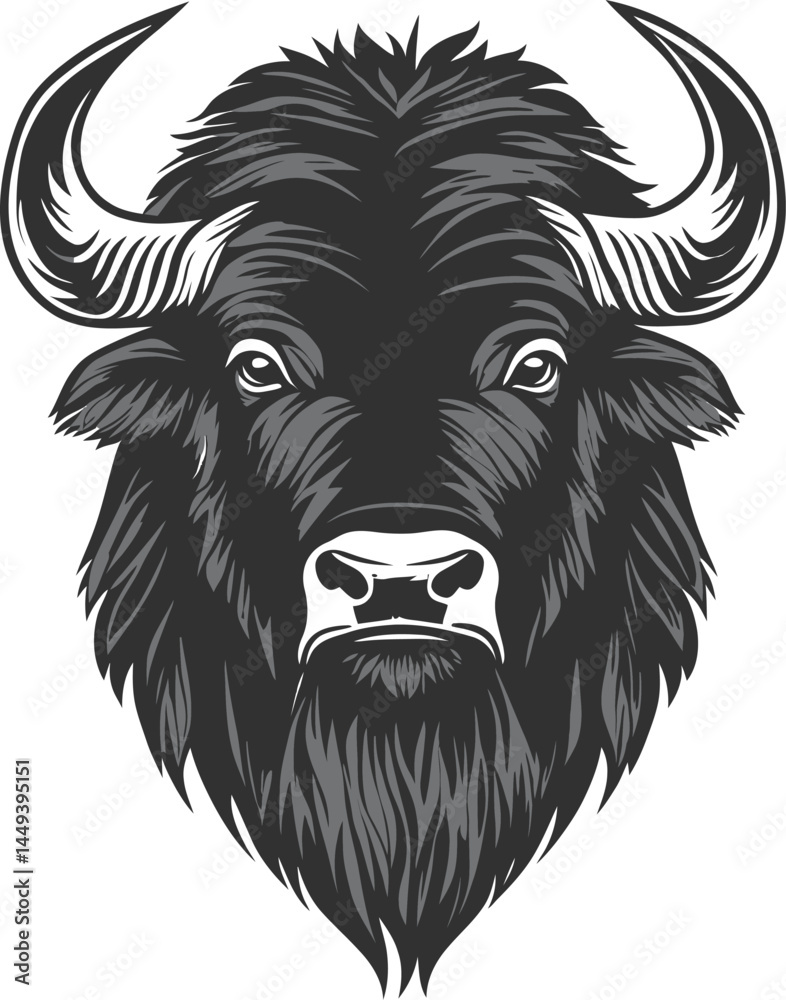 Fototapeta premium Powerful Buffalo Head Vector Logo in Monochrome Tribal Style