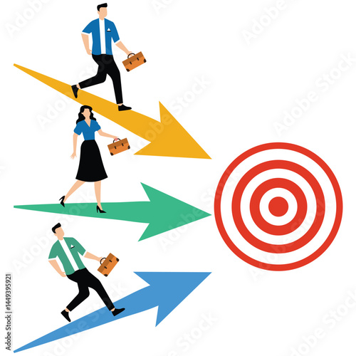 Businessman and businesswoman race on arrow track symbolizing competition to achieve sales and performance goal