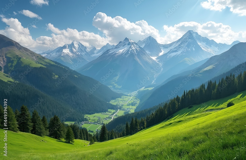 Fototapeta premium Panoramic view of majestic mountains range. Green alpine meadows, pine tree forest, snow peaks against blue sky with fluffy clouds. Scenic nature landscape for travel, tourism.