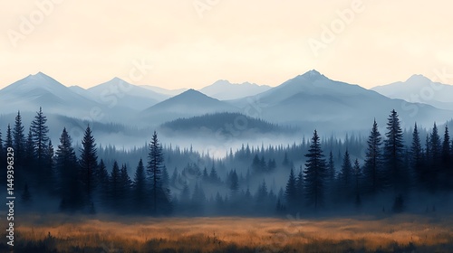 Misty mountain range with distant forests