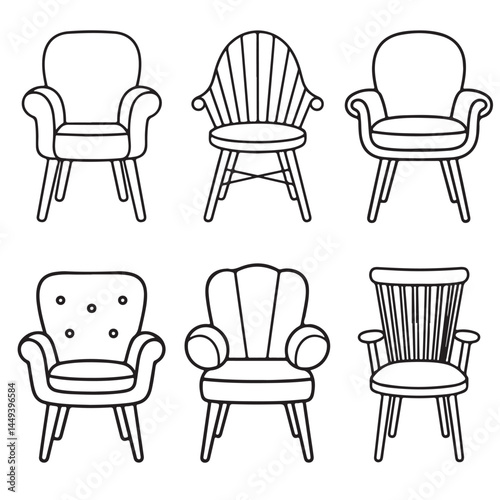 set vector various chair silhouettes, Chairs silhouettes collection, outline coloring book page line art vector silhouettes