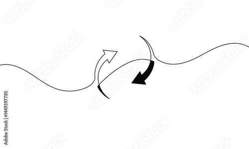 Continuous line drawing of arrow. Arrow pointing up and down. Business growth icon, for banner, template, web, app, poster. Object one line, single line art, vector illustration . EPS 10 .
