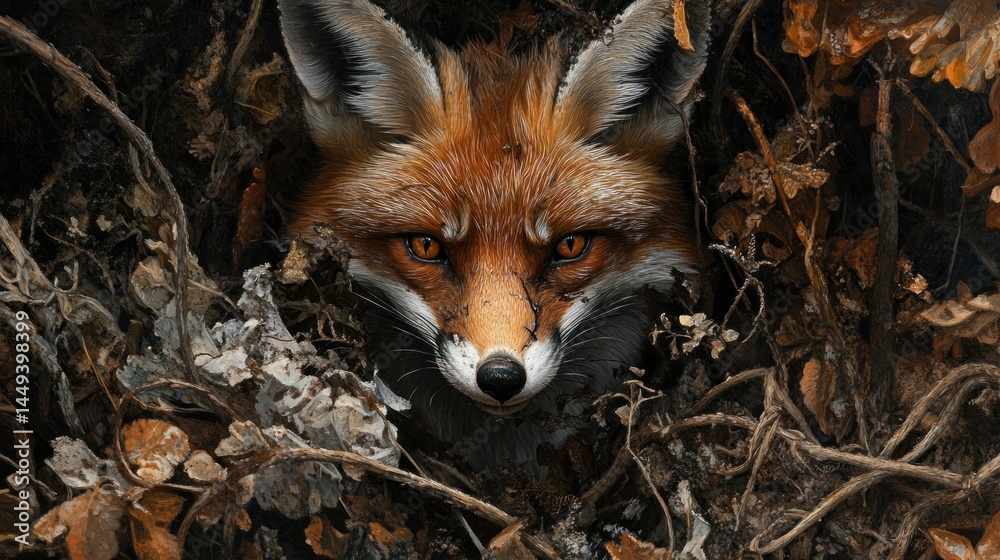 Fototapeta premium Red fox emerges from foliage