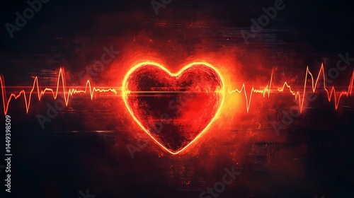 Fiery heartbeat abstract art glowing red heart with dynamic energy pulse line graphic design background illustration love life care