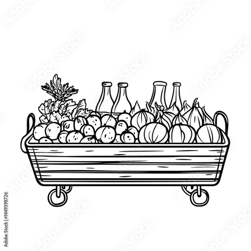 Cart filled with groceries, showcasing vegetables and bottles  