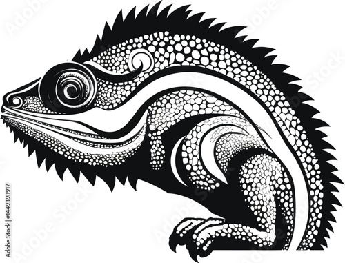 Black and White Chameleon Illustration with Detailed Texture