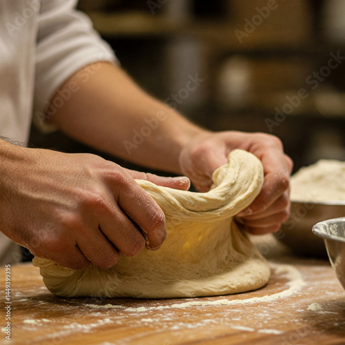 Hands kneading pizza dough.