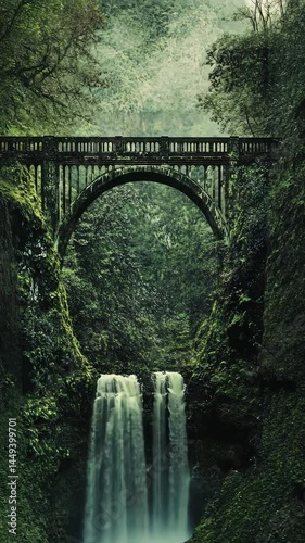 A historic stone arch bridge crosses the green river in a scenic forest landscape