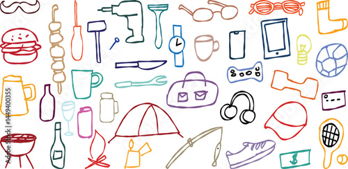 Colorful doodle icons celebrating father s day with tools, sports, and food