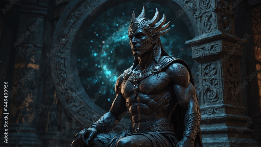 A statue of Onest, guardian of mirror realms, a reflection behind showing gods that never were A statue of Onest, guardian of mirror realms, a reflection behind showing gods that never were