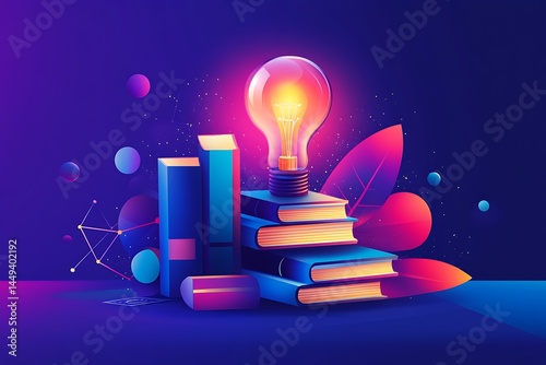 Stack of Books with Glowing Light Bulb against a Cosmic Dark Gradient Background