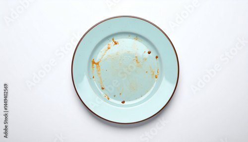 One Dirty Plate on White Background, Top View Image