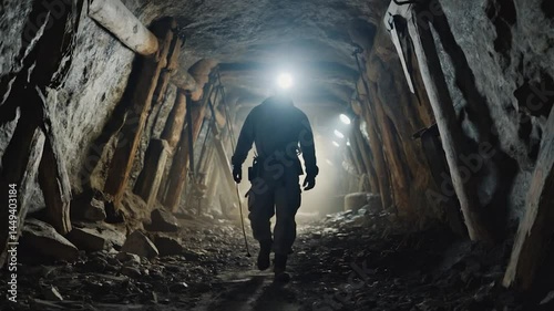 Miner walking through a dimly lit tunnel with beams of light illuminating the rocky walls