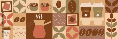 Geometric coffee and tea pattern in minimalist style. Abstract print background with simple shapes for coffee shop, food packaging, cafe wall, menu.