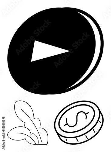 Play button symbol, leaf, and dollar coin signify video media, environmental sustainability, and financial development. Ideal for business, environment, marketing, finance creativity education