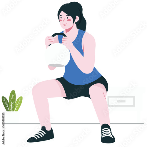 Healthy Habits Illustration. Vector illustration of A woman does squats with a kettlebell to stay fit and strong. Isolated on background