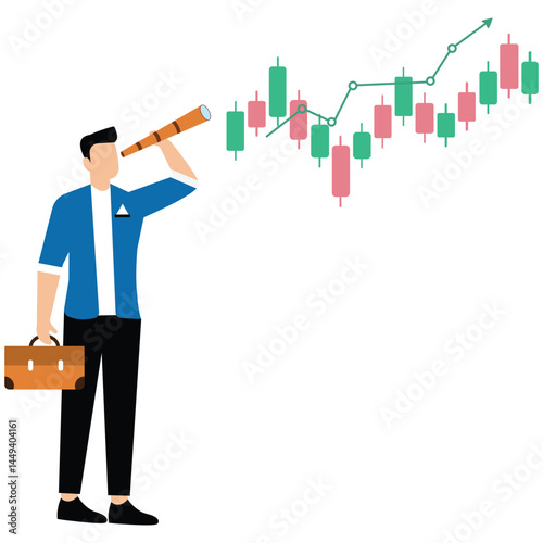 Businessman look through telescope to analyze forecast chart symbolizing leadership vision and prediction