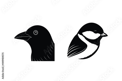 Graphic silhouettes of a raven and chickadee illustrating detailed profiles in a simple black and white style
