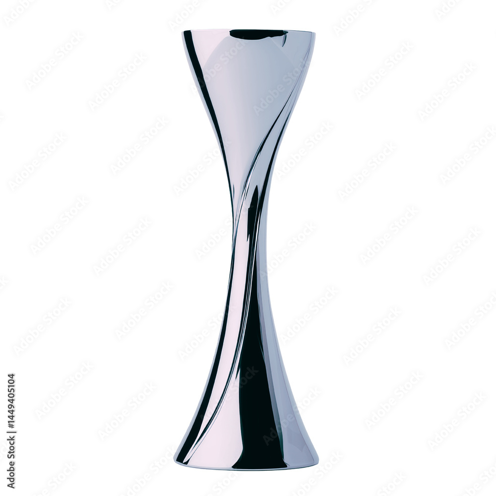 Elegant chrome candlestick holder with a unique hourglass shape. The smooth curves and reflective surface create a sophisticated and modern aesthetic. Elegant chrome candlestick holder with a unique hourglass shape. The smooth curves and reflective surface create a sophisticated and modern aesthetic.