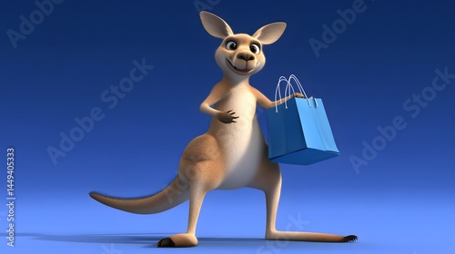 Cute Kangaroo Cartoon Character Holding Shopping Bag