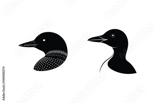 Silhouette illustrations of two distinct common loon bird head profiles in black and white designs