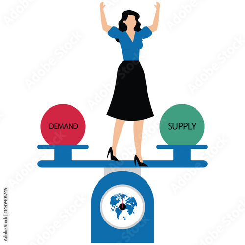 Businesswoman balancing demand and supply on globe seesaw symbolizing global economic equilibrium