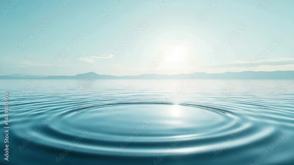Peaceful ripples spread across a calm lake under a clear sky with distant mountains on the horizon. Peaceful ripples spread across a calm lake under a clear sky with distant mountains on the horizon.