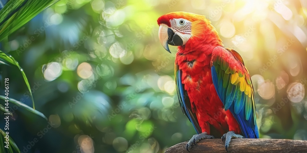 Obraz premium a colorful parrot sitting on a branch of a large tree 