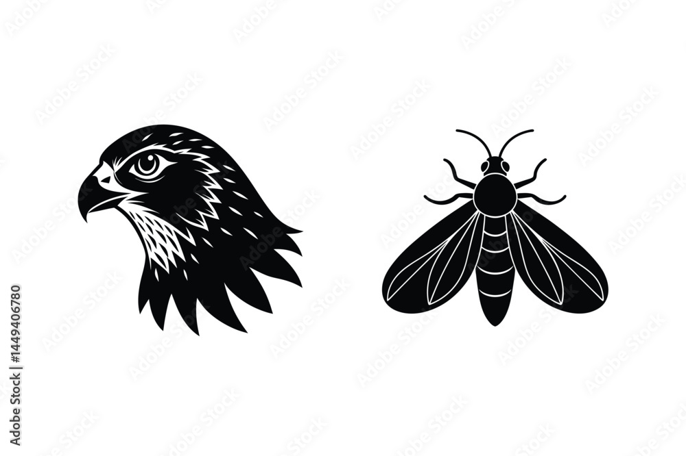 Fototapeta premium Black silhouette illustration featuring a detailed hawk head and an insect design for various creative uses