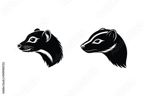 Two black and white silhouette illustrations of a weasel head featuring sharp details on white background
