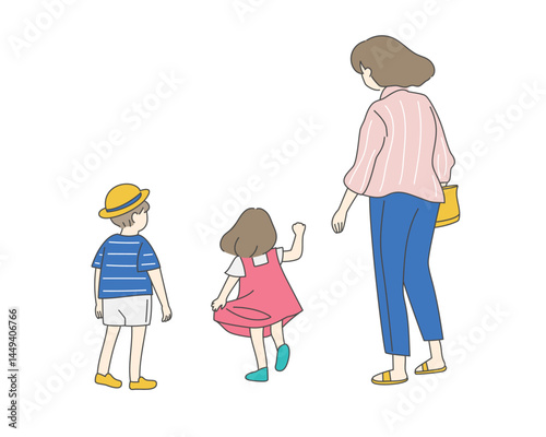 Mother and children walking outdoors, back view illustration
