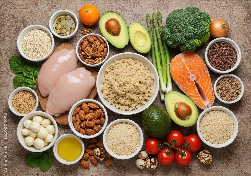 Overhead shot of healthy food ingredients arranged on a textured surface Overhead shot of healthy food ingredients arranged on a textured surface