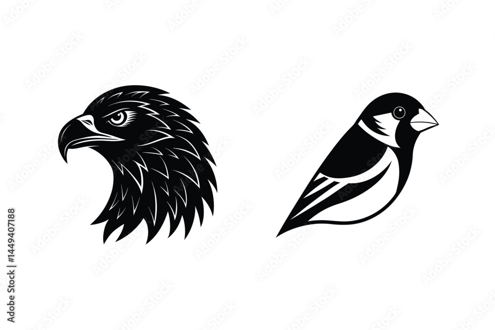 Fototapeta premium Vector illustration of a black and white eagle head and a sparrow silhouette with isolated background