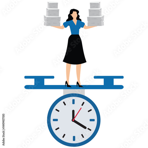 Productive woman balance on clock while managing task paper stack symbolizing time management and efficiency