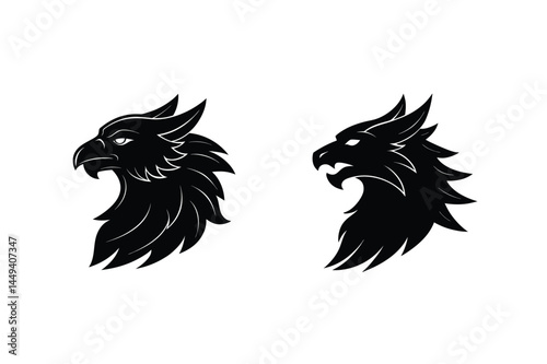 Two stylized black silhouettes of mythological griffin heads on a plain white background in a vector design