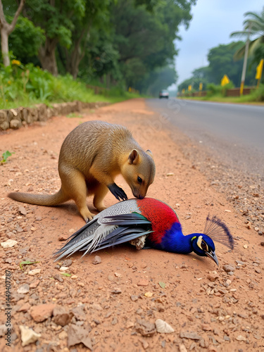 Ruddy mongoose or Urva smithii eating a dead peacock by side of road.