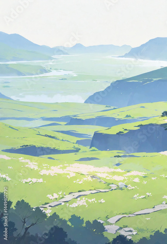 朝霧が立ち込める春の草原