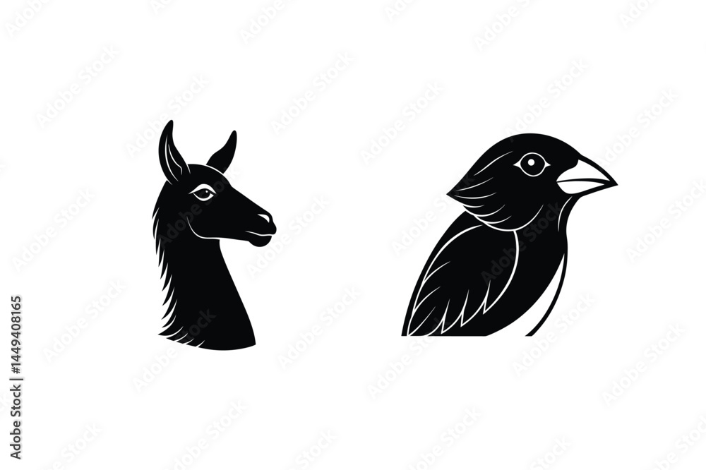 Black silhouette illustrations of a llama and a bird side view on a white background isolated design Black silhouette illustrations of a llama and a bird side view on a white background isolated design