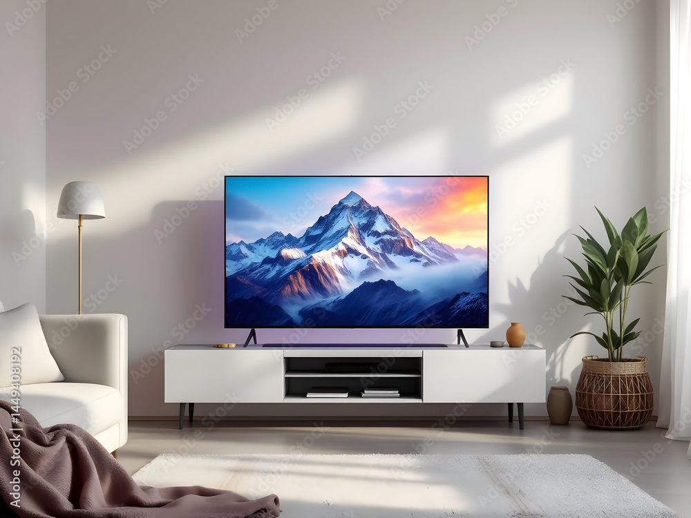 Fototapeta premium Cozy apartment space featuring television displaying cinematic mountain footage