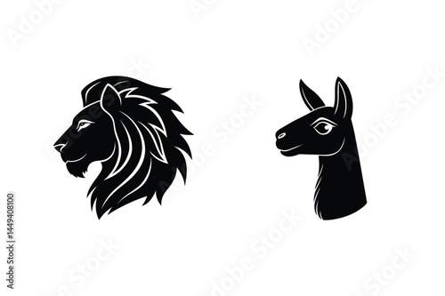 Elegant black silhouette illustrations featuring a lion and a llama depicting wildlife animals in a minimalist design