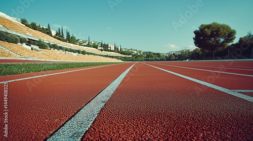 Red running track with white lines in outdoor stadium, surrounded by empty yellow seats, green grass, and trees under clear blue sky, evoking calm and focused atmosphere