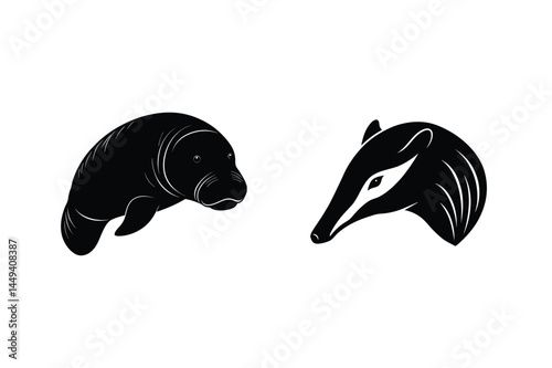 Elegant black silhouette illustration featuring a manatee and a giant anteater facing each other