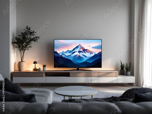 Warm modern interior with flat screen TV presenting nature scene