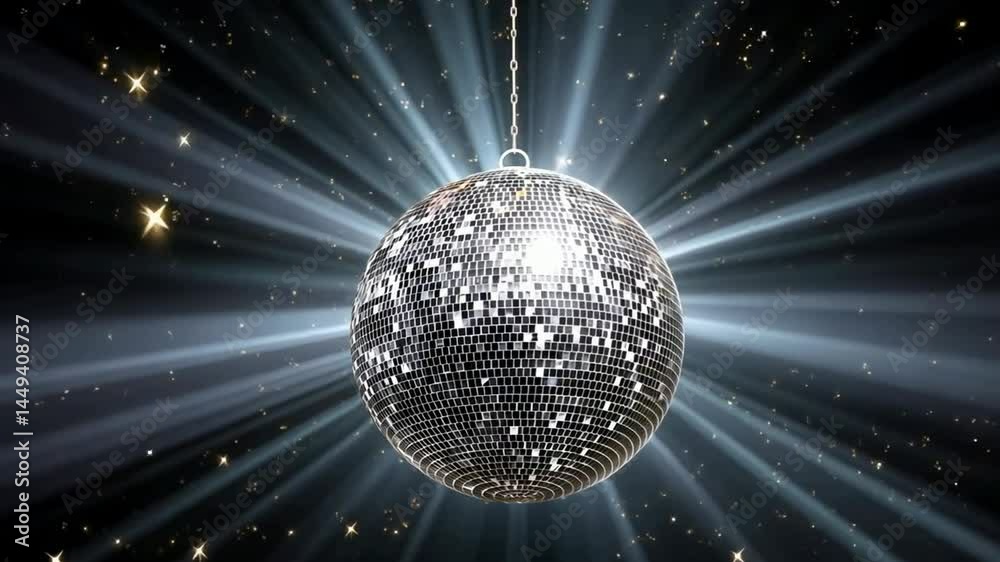 A sparkling disco ball is hanging and spinning on a background with shining rays of light and small stars.