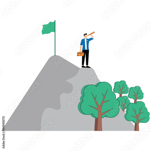 Businessman stand on mountain peak with flag binocular looking for new challenge after business achievement
