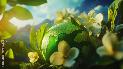Earth nestled in spring blossoms, bathed in sunlight. Lush greenery surrounds a vibrant green globe
